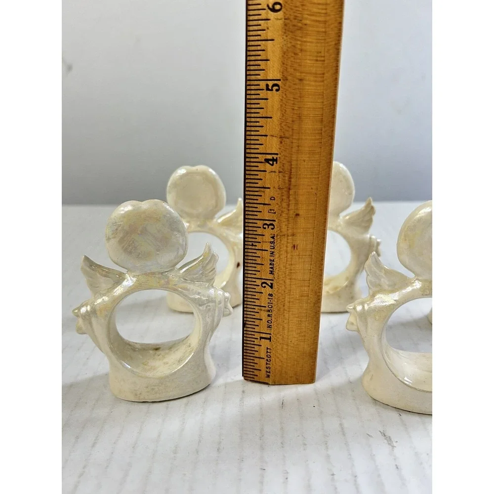 Vintage Iridescent Ceramic Angel Napkin Rings‎ Set of 5 Cream Pearlized Finish